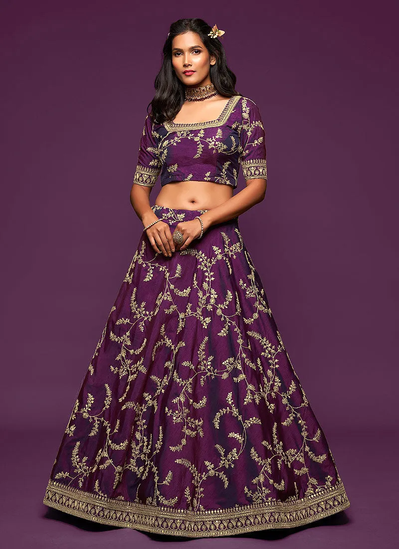 Deep Purple Zari Embroidered Silk Lehenga Choli