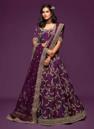 Deep Purple Zari Embroidered Silk Lehenga Choli