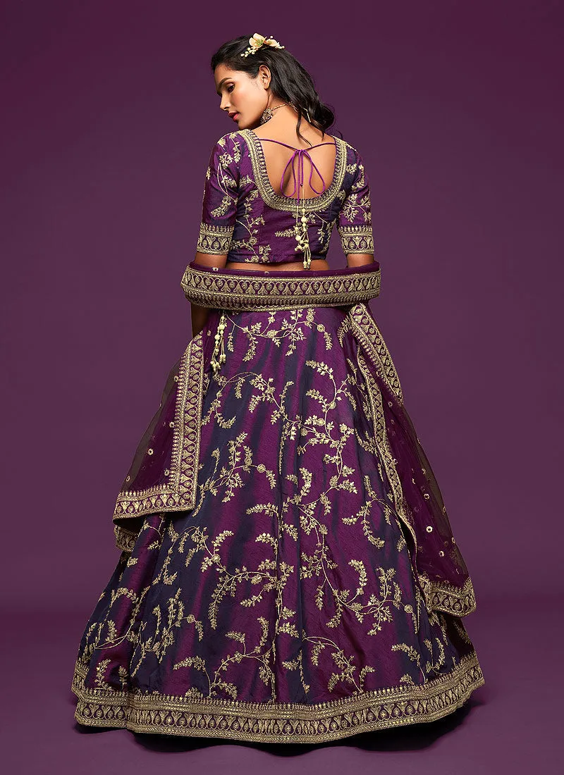 Deep Purple Zari Embroidered Silk Lehenga Choli