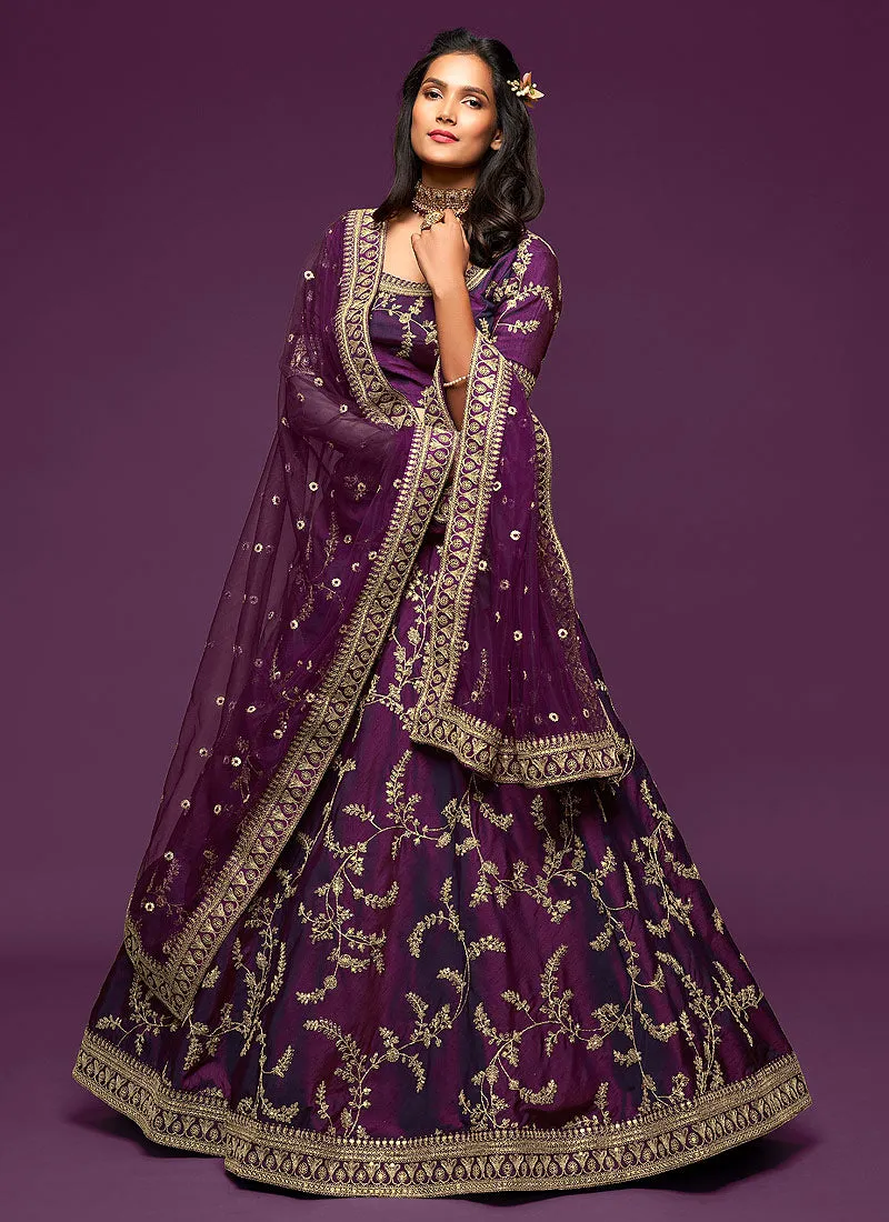 Deep Purple Zari Embroidered Silk Lehenga Choli