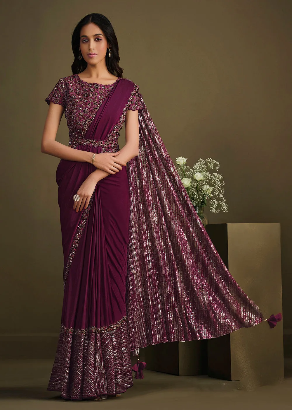 Designer Wine Sequined Crystal Silk Ready to Wear Saree