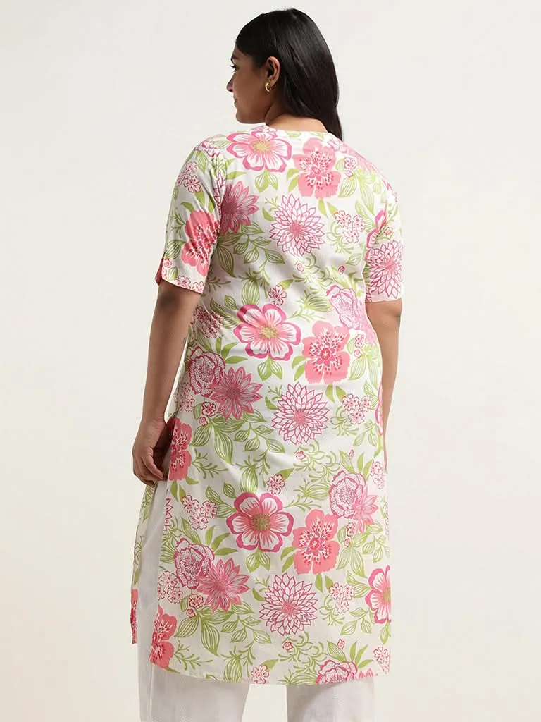 Diza White Floral Printed Cotton Kurta