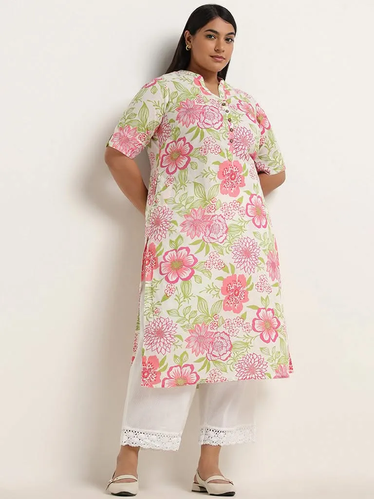 Diza White Floral Printed Cotton Kurta