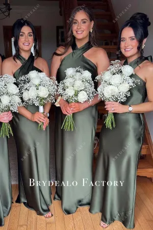 Dusty Sage Charmeuse Halter Floor Length Bridesmaid Dress