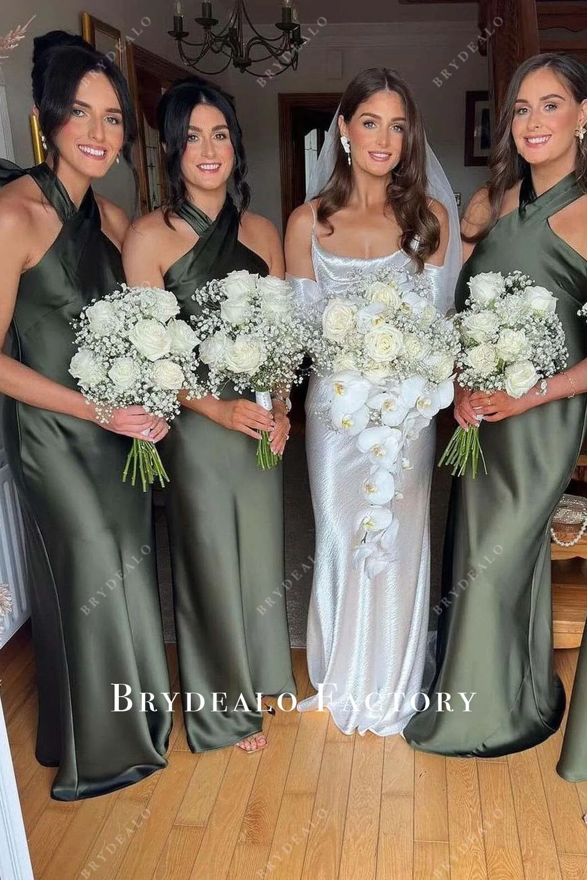 Dusty Sage Charmeuse Halter Floor Length Bridesmaid Dress