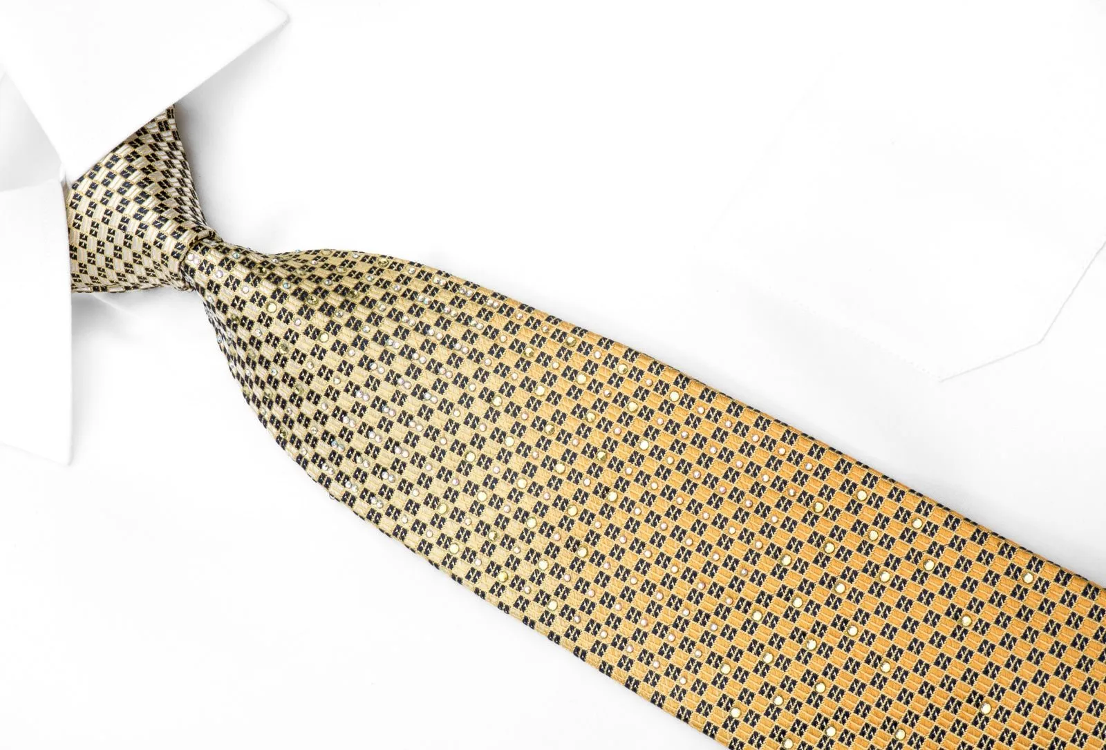 Elle Homme Mens Rhinestone Silk Necktie Yellow Navy Micro Checker With Silver Sparkles