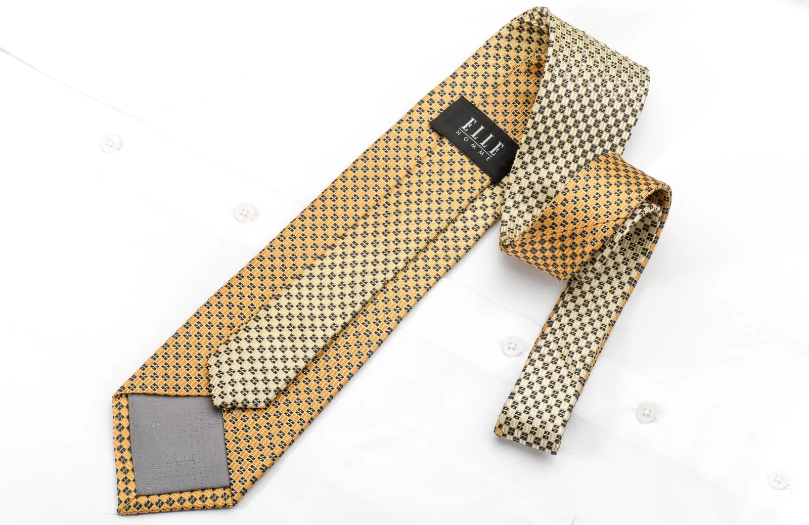 Elle Homme Mens Rhinestone Silk Necktie Yellow Navy Micro Checker With Silver Sparkles