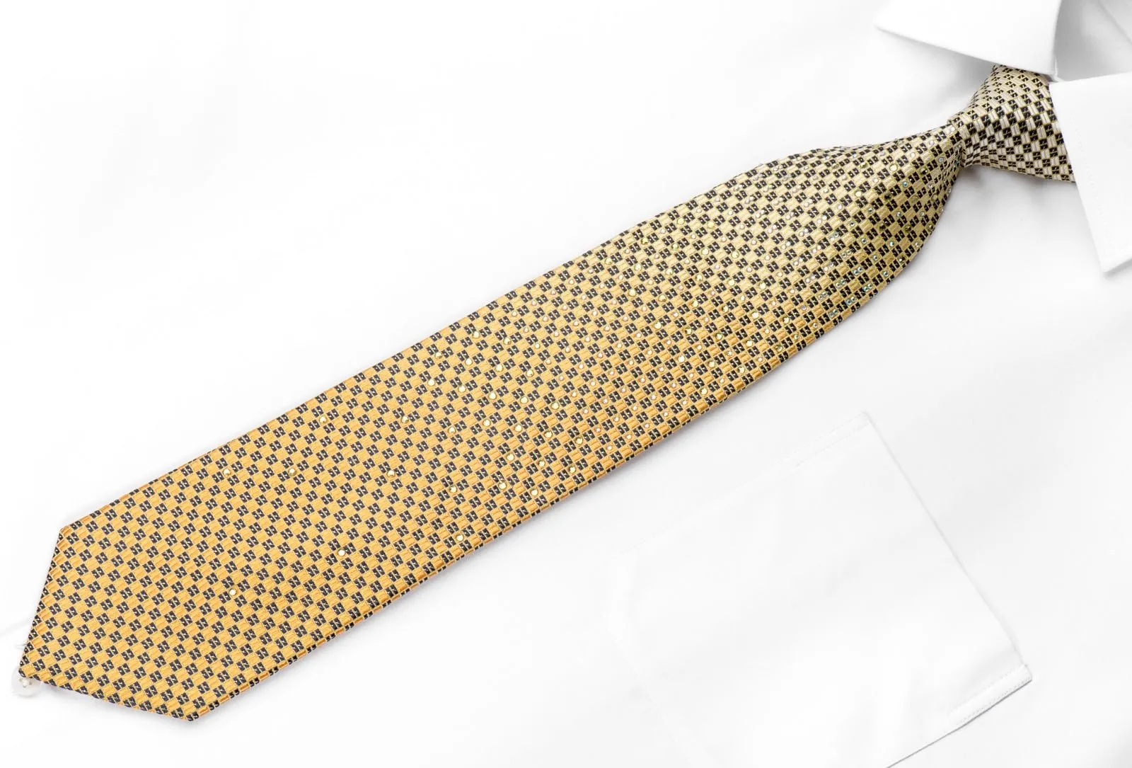 Elle Homme Mens Rhinestone Silk Necktie Yellow Navy Micro Checker With Silver Sparkles