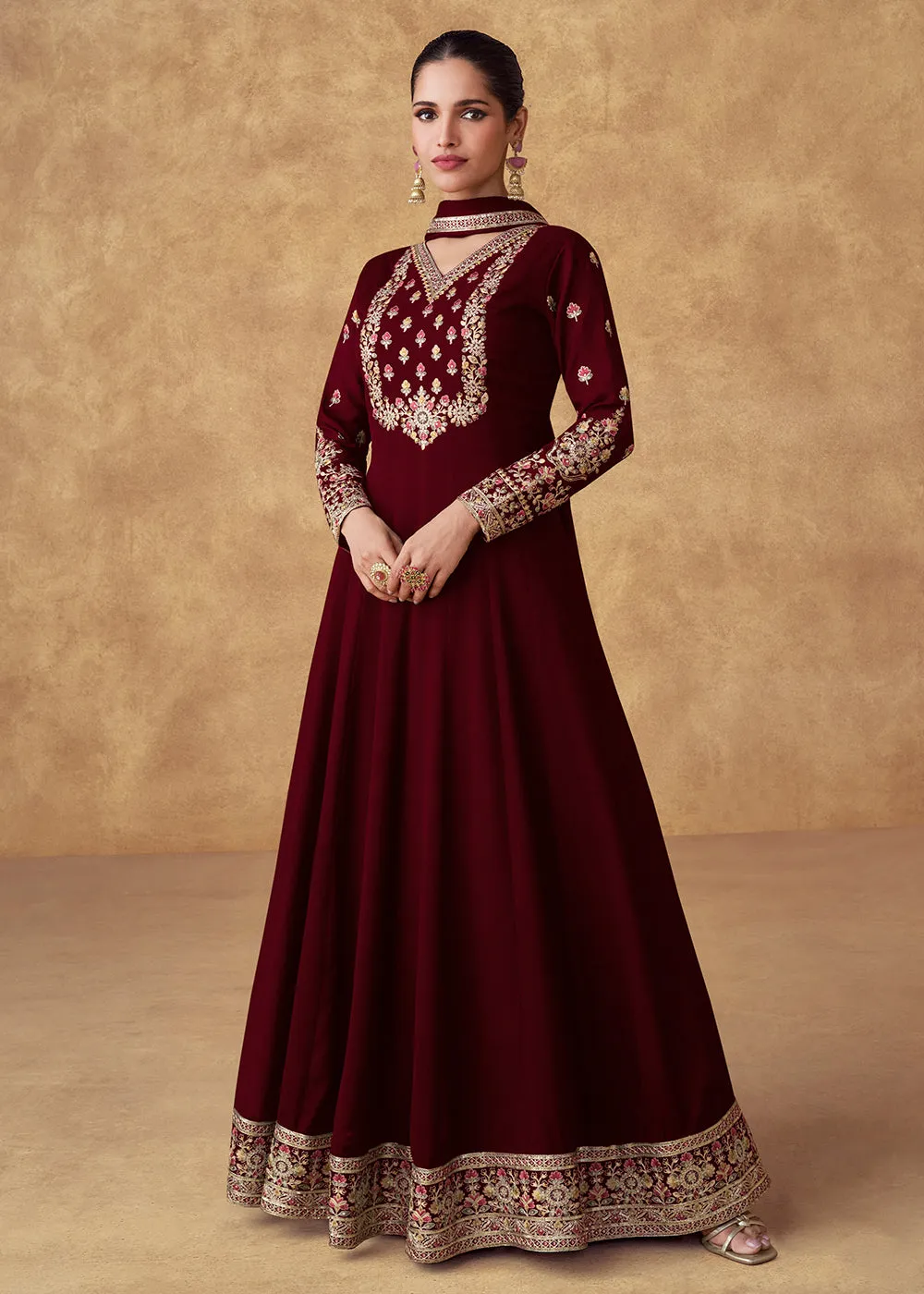 Embroidered Maroon Chinnon Silk Festive Anarkali Suit