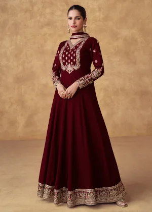 Embroidered Maroon Chinnon Silk Festive Anarkali Suit