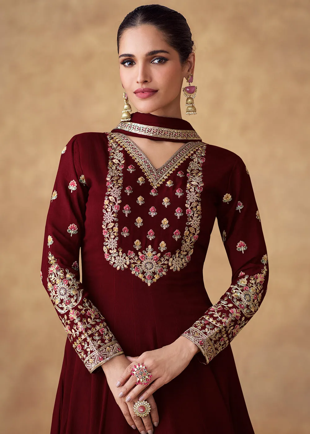 Embroidered Maroon Chinnon Silk Festive Anarkali Suit