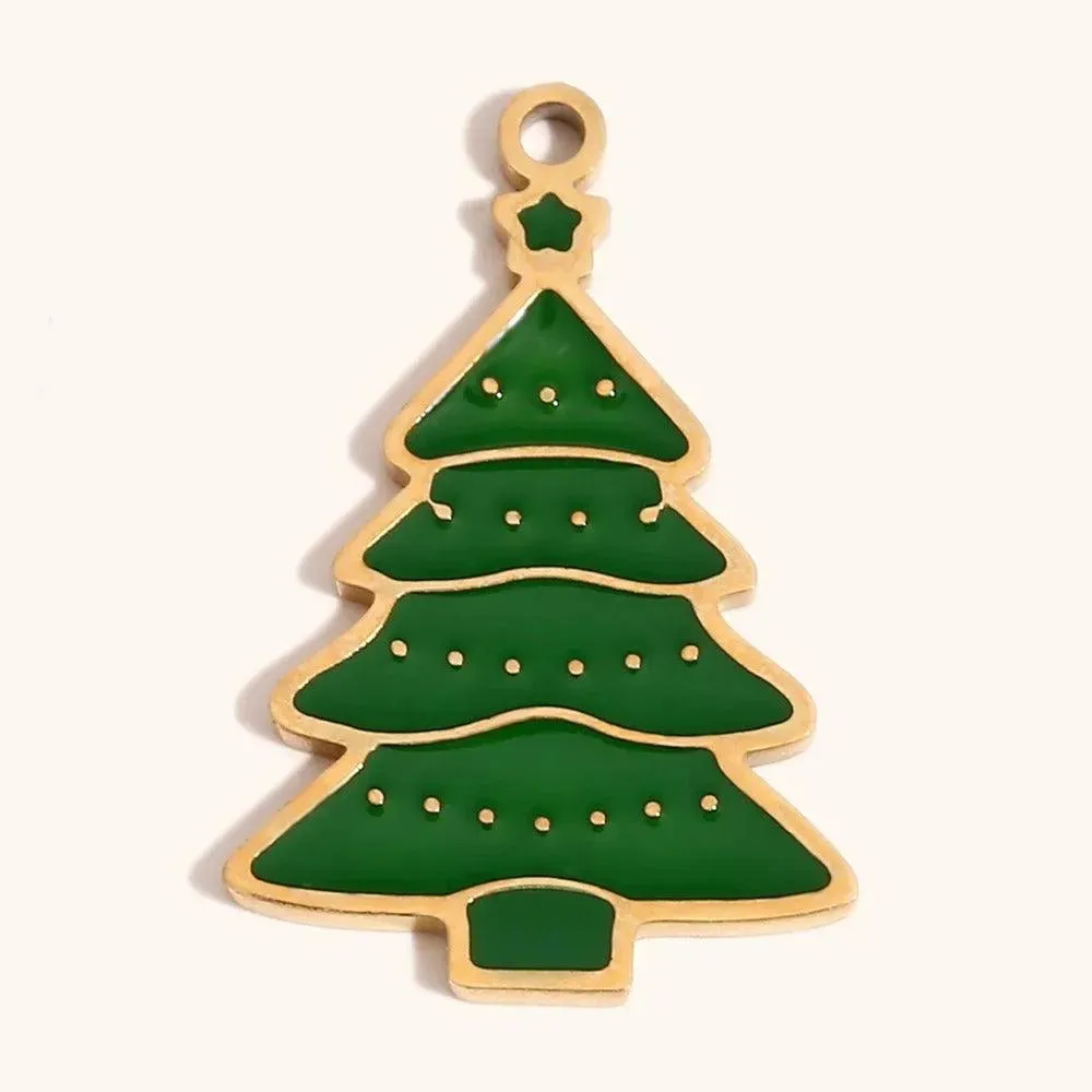 Festive Christmas Tree Pendant – 14K Gold Charm with Enamel Design