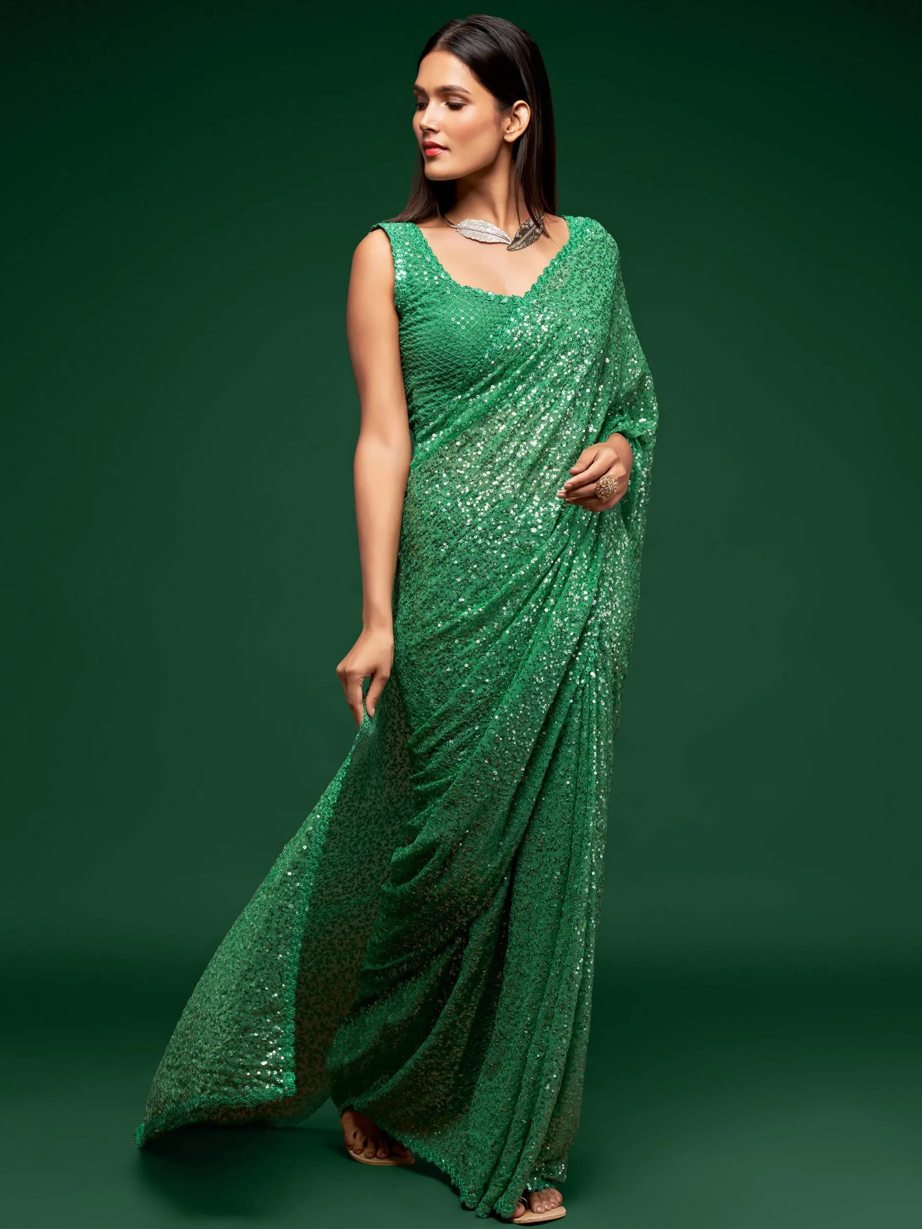 Fully Sequined Mint Green Georgette Designer Saree