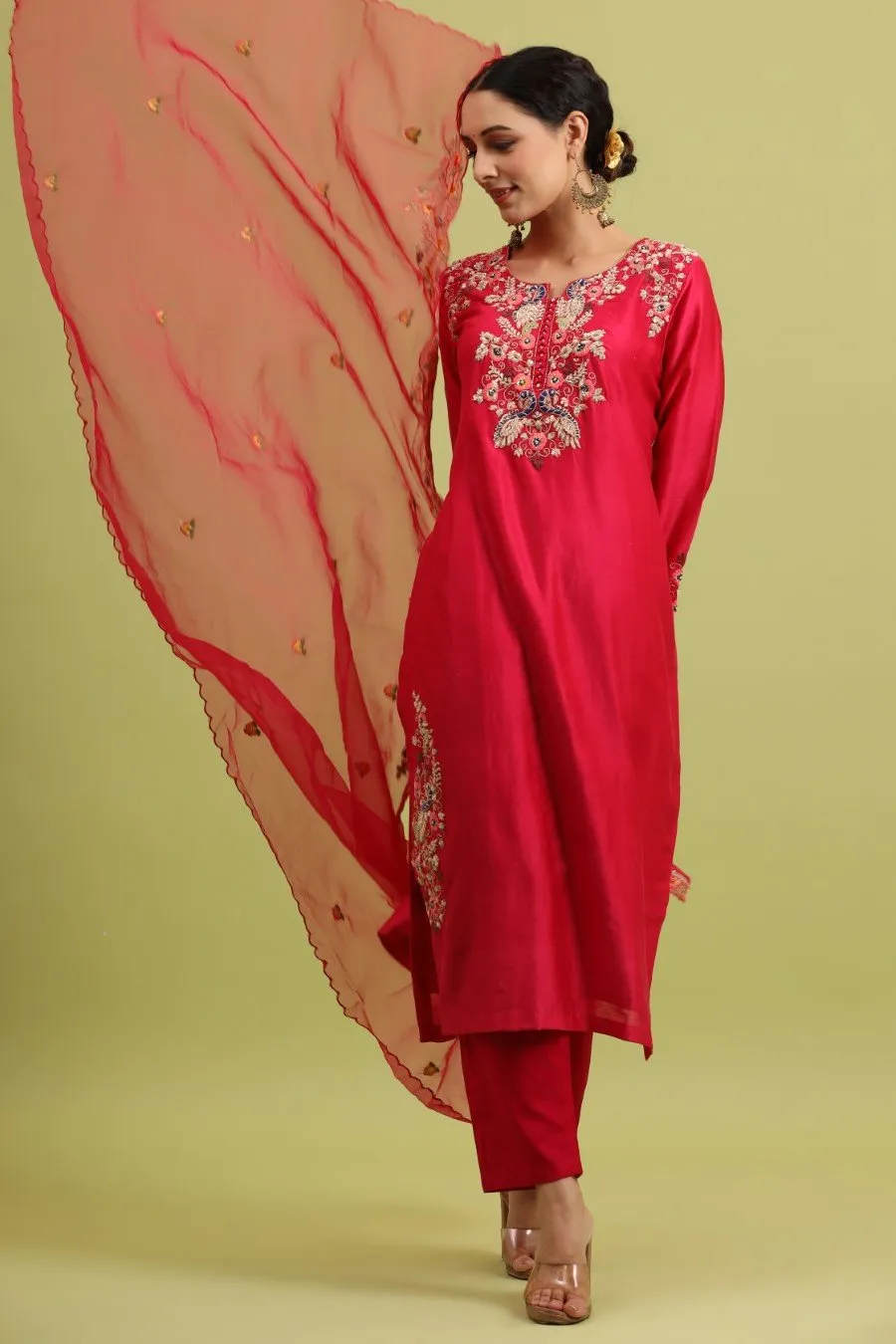 Fuschia Pink Modal Chanderi Embroidered Kurta Set