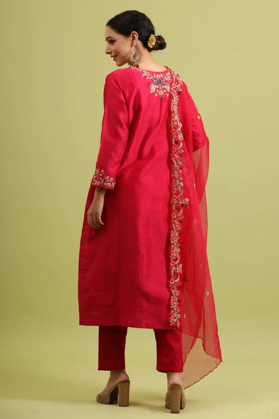 Fuschia Pink Modal Chanderi Embroidered Kurta Set