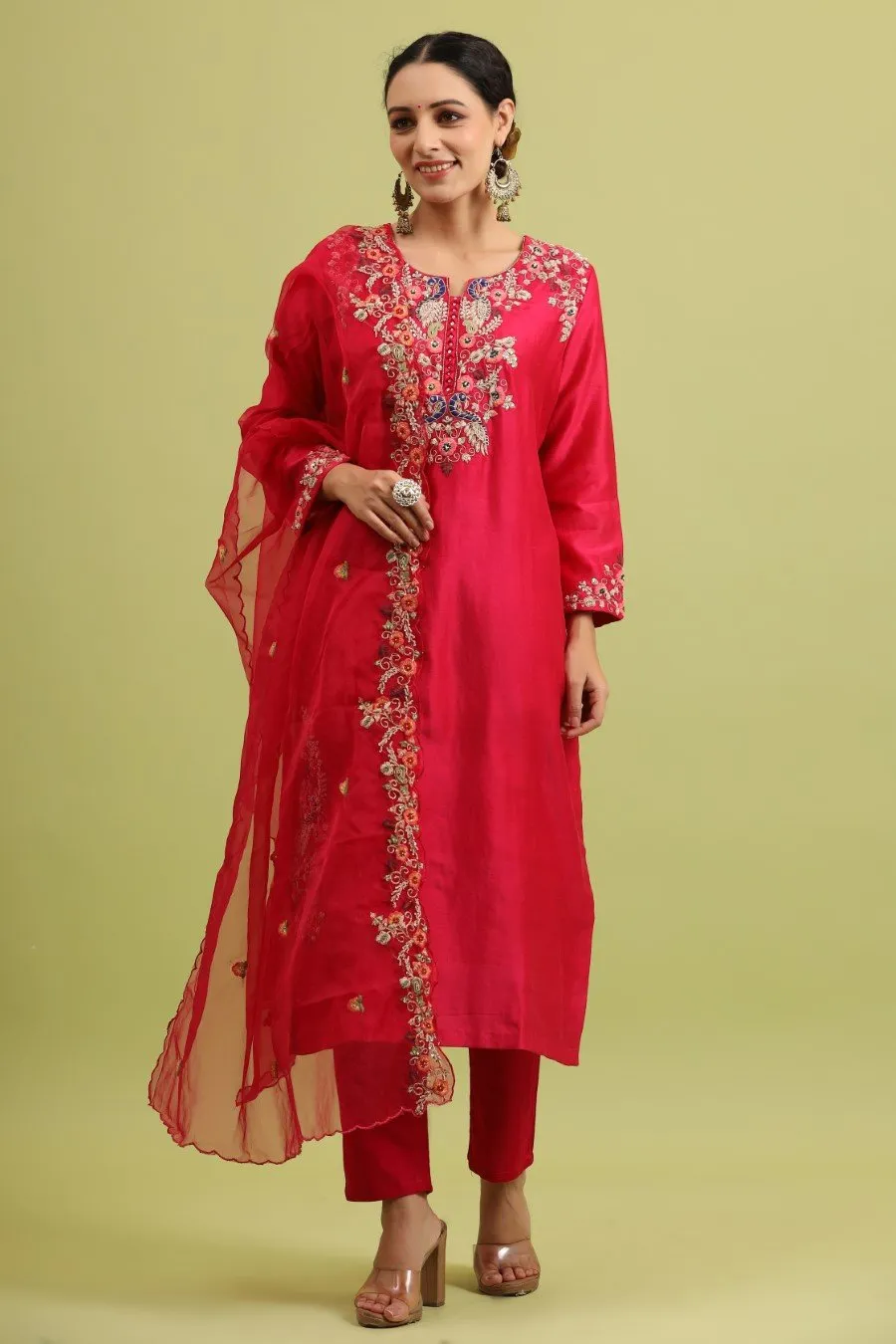 Fuschia Pink Modal Chanderi Embroidered Kurta Set