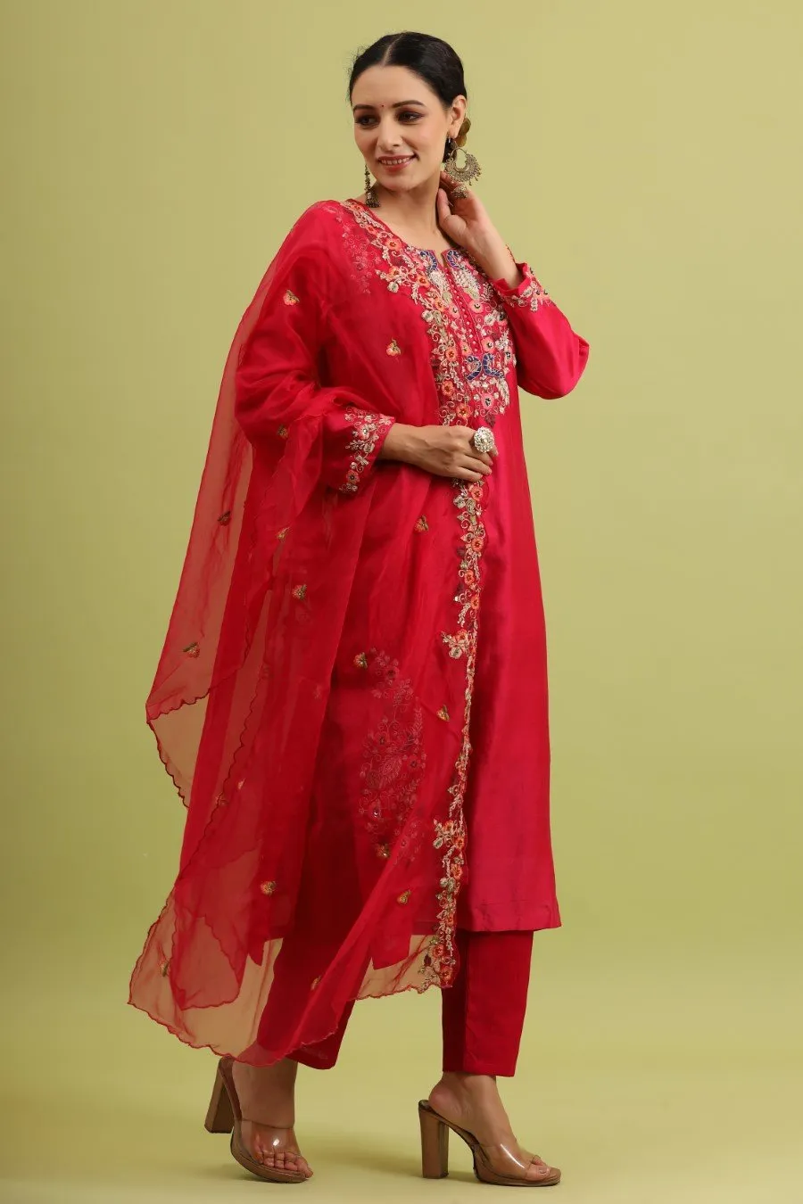 Fuschia Pink Modal Chanderi Embroidered Kurta Set