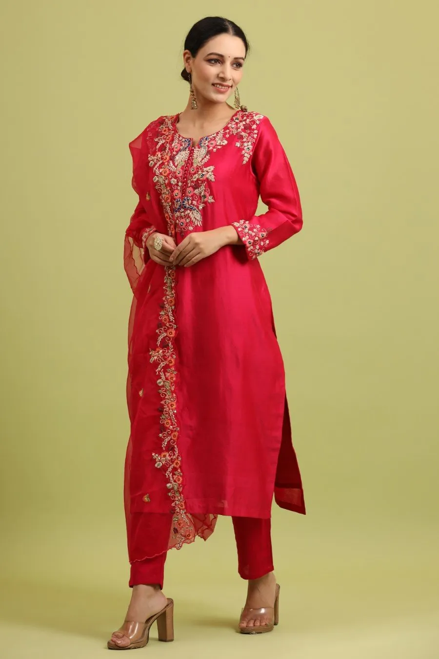 Fuschia Pink Modal Chanderi Embroidered Kurta Set