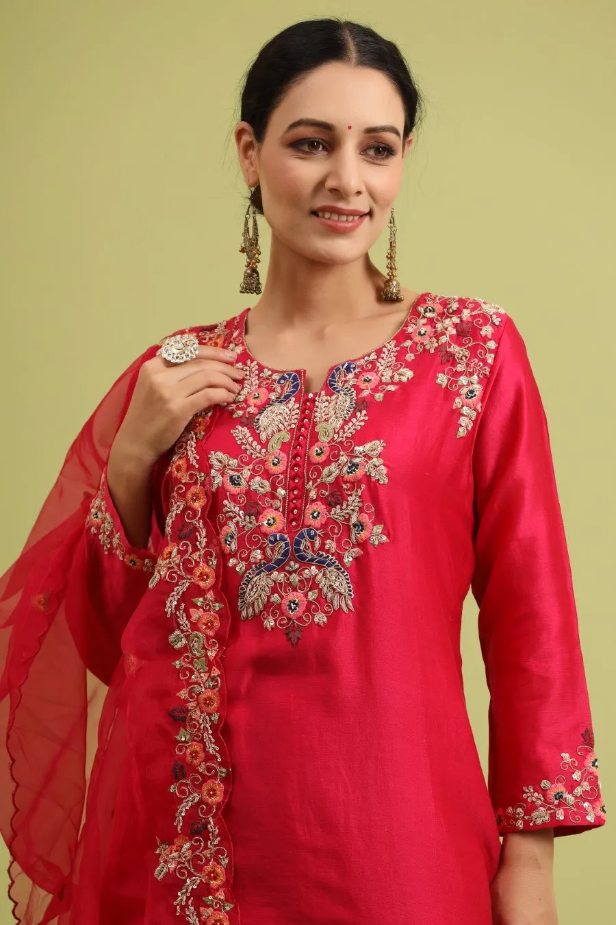 Fuschia Pink Modal Chanderi Embroidered Kurta Set