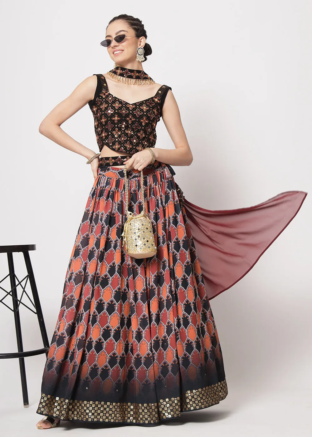 Georgette Black Sequins & Printed Wedding Party Lehenga Choli