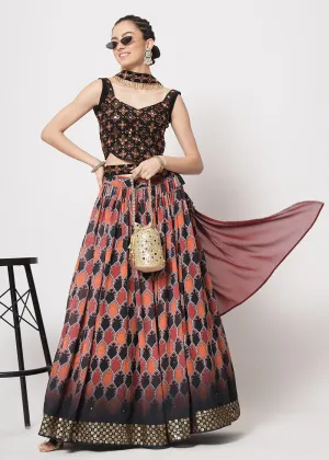 Georgette Black Sequins & Printed Wedding Party Lehenga Choli