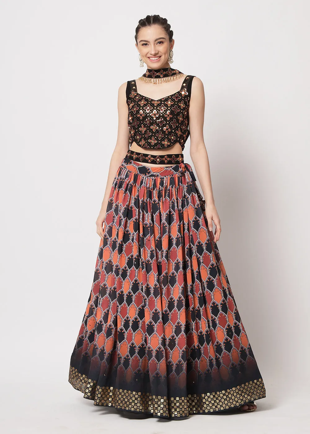 Georgette Black Sequins & Printed Wedding Party Lehenga Choli