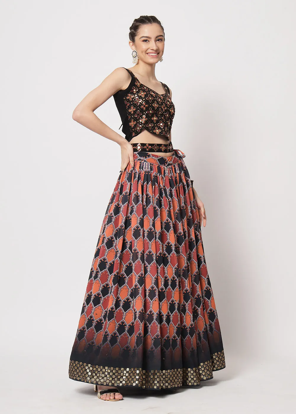 Georgette Black Sequins & Printed Wedding Party Lehenga Choli