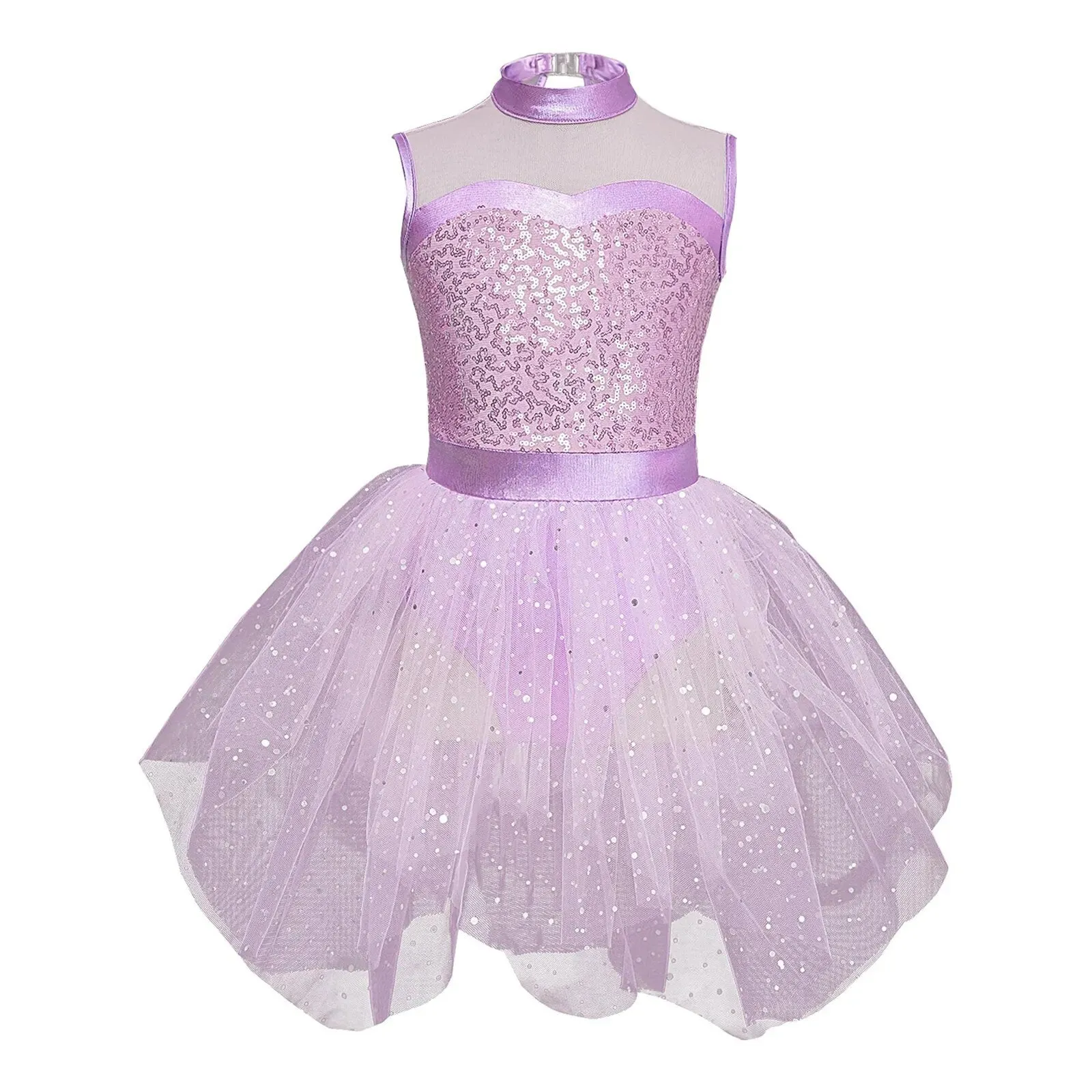 Girls Glittering Sequined Tulle Gymnastics Ballet Dance Skate Costume