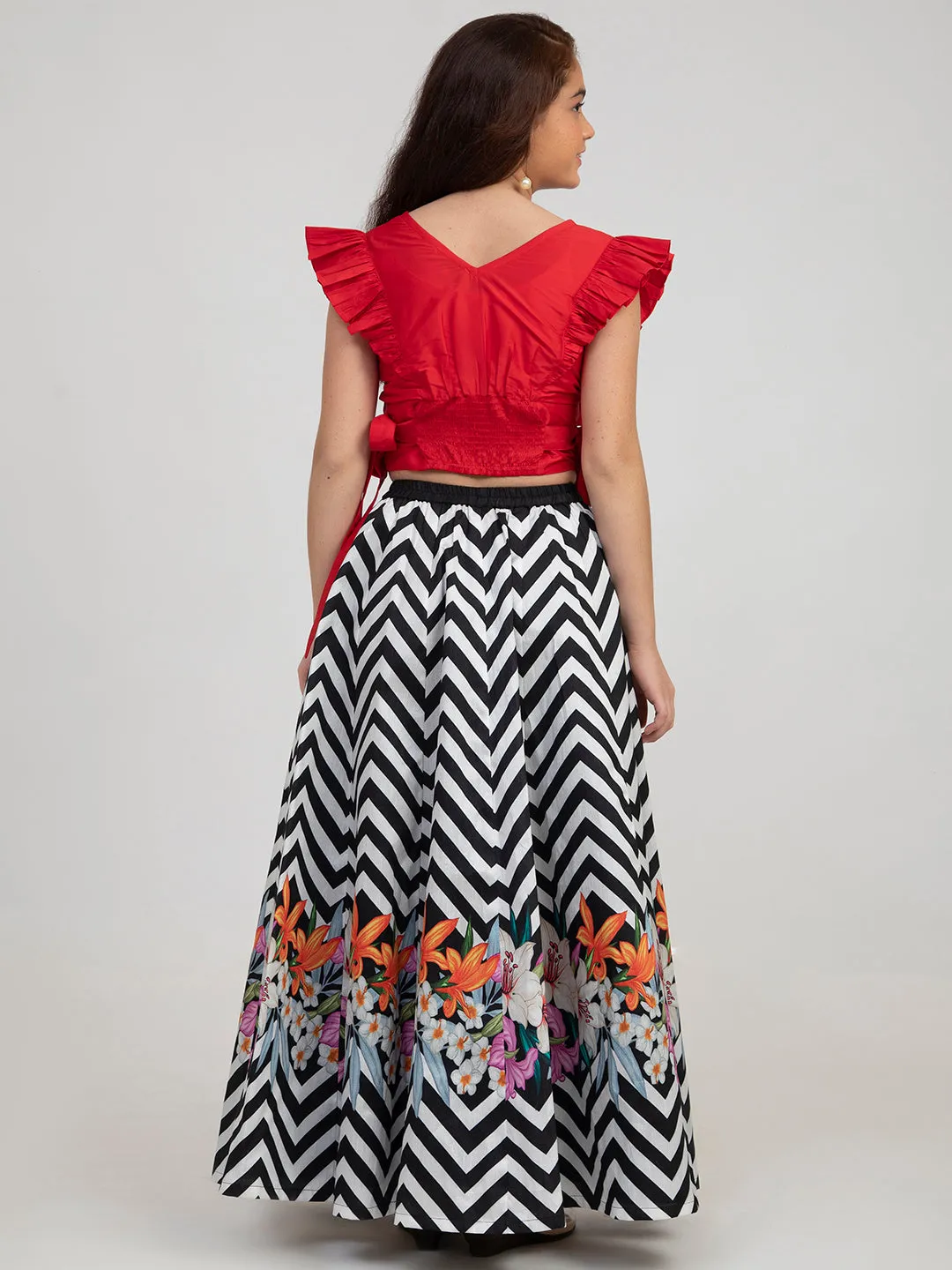 Girls Red And Black Zig-Zag Printed Lehenga-Choli - Bitiya By Bhama