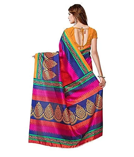 Glory sarees Women's Bhagalpuri Art Silk Cotton saree (gloryart04_pink and blue)