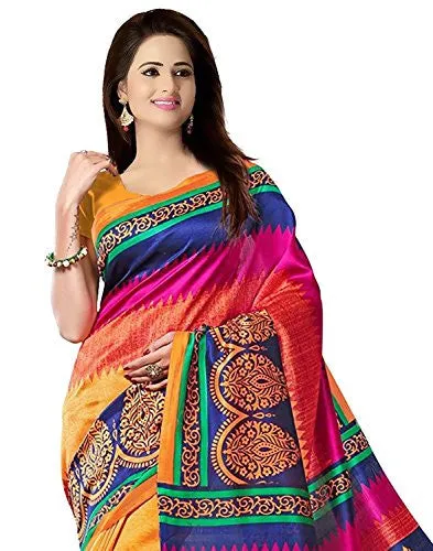 Glory sarees Women's Bhagalpuri Art Silk Cotton saree (gloryart04_pink and blue)