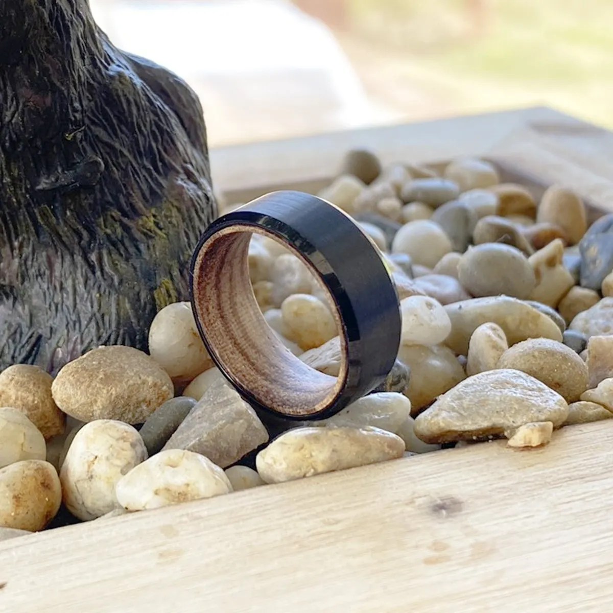 GOBLIN | Zebra Wood, Black Tungsten Ring, Brushed, Beveled