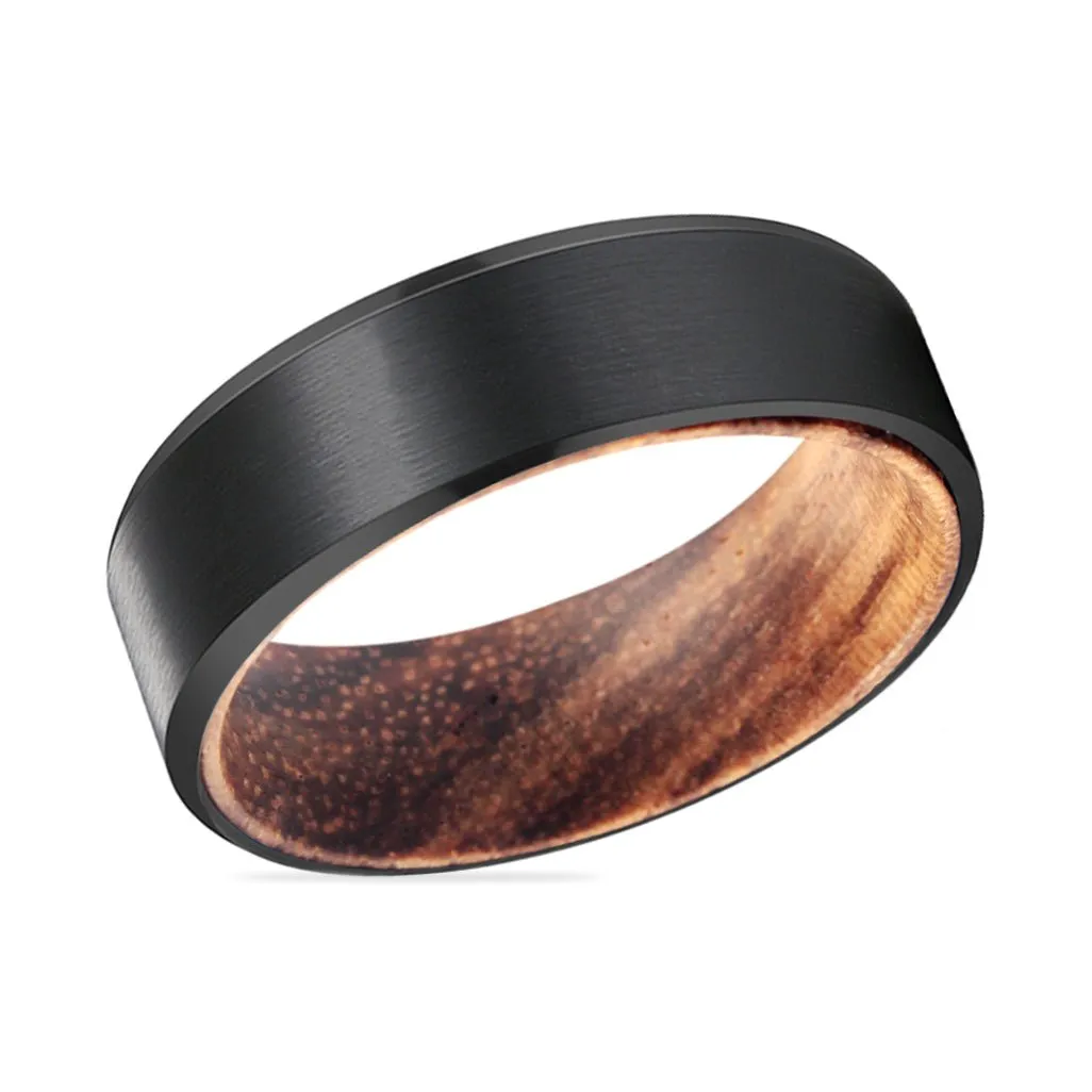 GOBLIN | Zebra Wood, Black Tungsten Ring, Brushed, Beveled