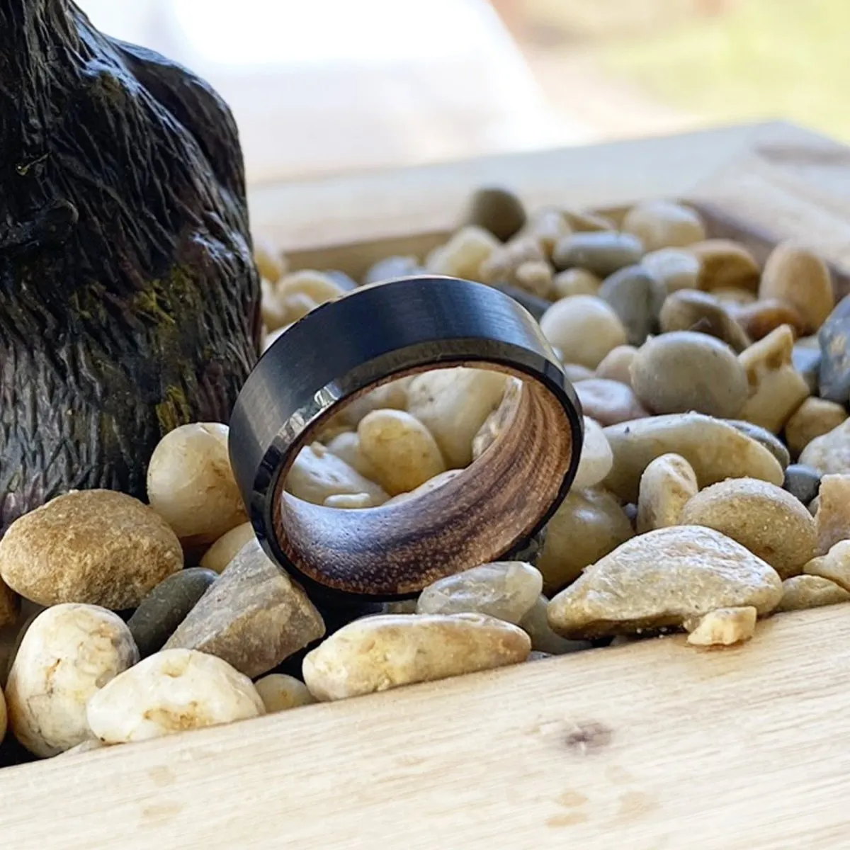 GOBLIN | Zebra Wood, Black Tungsten Ring, Brushed, Beveled