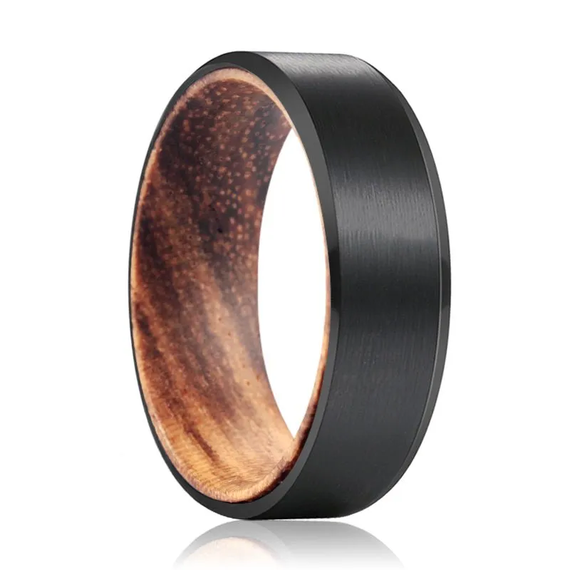 GOBLIN | Zebra Wood, Black Tungsten Ring, Brushed, Beveled