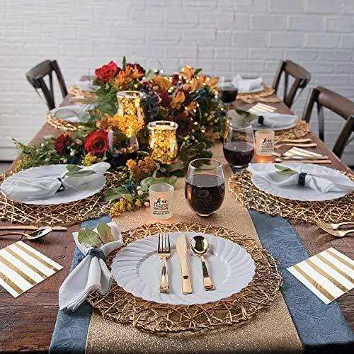 Gold Metallic String Round 15" Charger Placemats (Set of 4) with Gold Striped White Napkins (16 Count)