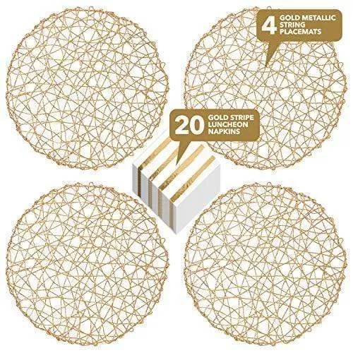 Gold Metallic String Round 15" Charger Placemats (Set of 4) with Gold Striped White Napkins (16 Count)