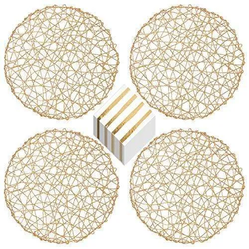 Gold Metallic String Round 15" Charger Placemats (Set of 4) with Gold Striped White Napkins (16 Count)