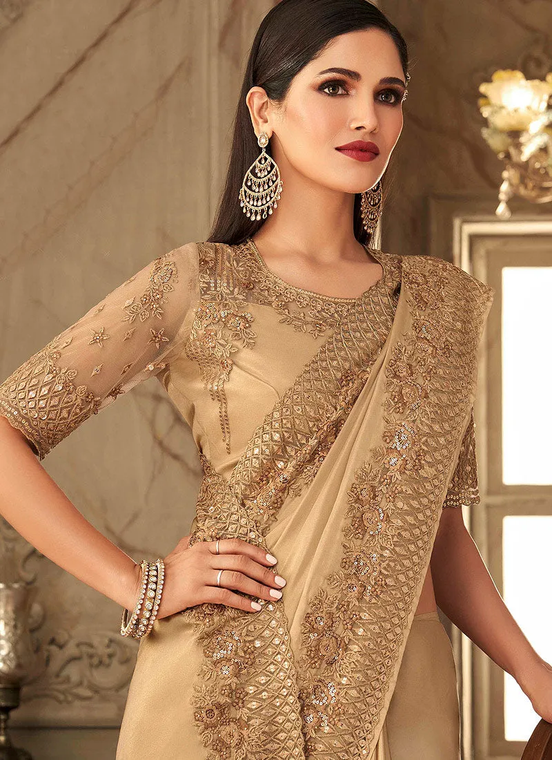 Golden Beige Embroidered Silk Saree