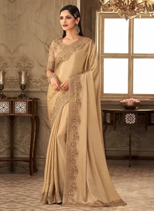 Golden Beige Embroidered Silk Saree