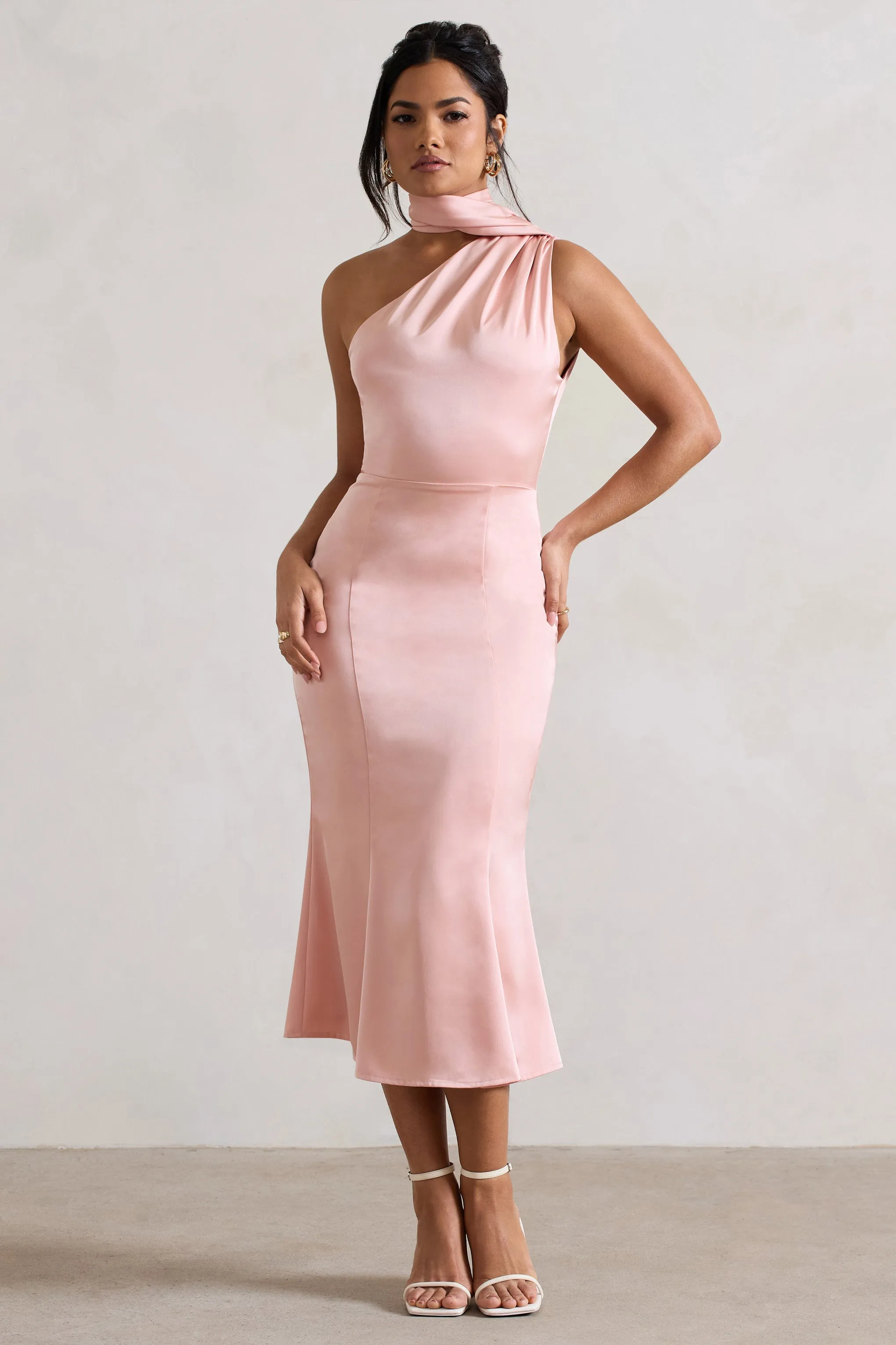 Golden Girl | Blush Pink Satin One Shoulder High-Neck Flared Midi Dress