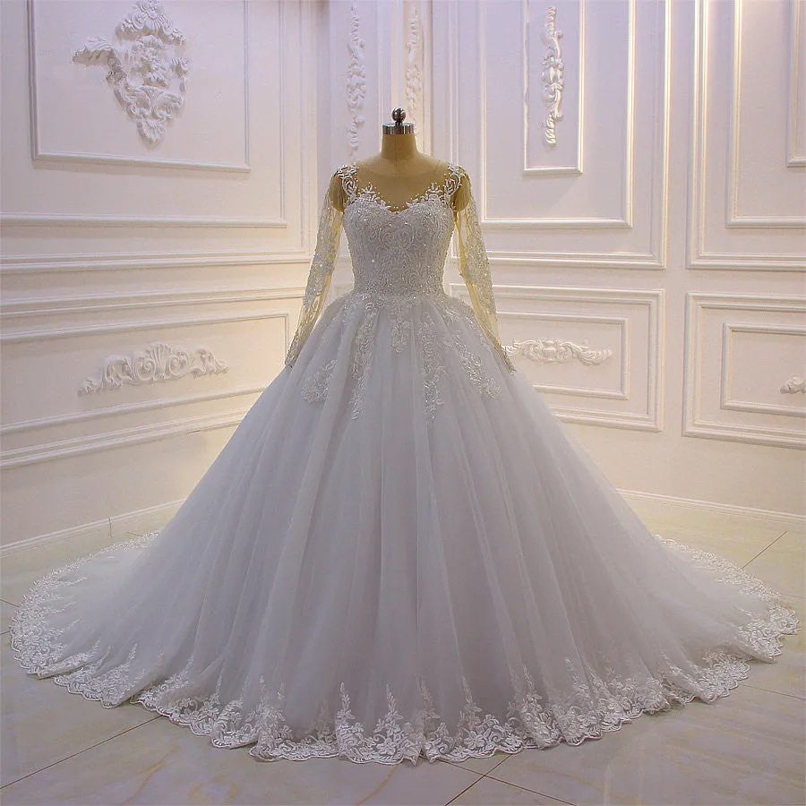 Gorgeous Long A-Line Bateau Pearl Tulle Appliques Lace Wedding Dress with Sleeves