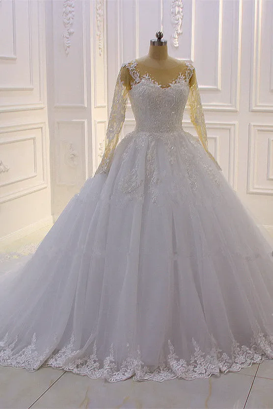 Gorgeous Long A-Line Bateau Pearl Tulle Appliques Lace Wedding Dress with Sleeves