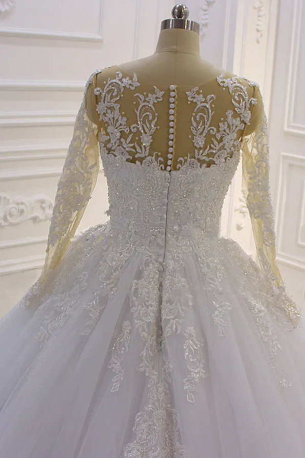 Gorgeous Long A-Line Bateau Pearl Tulle Appliques Lace Wedding Dress with Sleeves