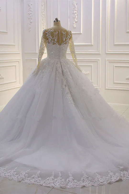 Gorgeous Long A-Line Bateau Pearl Tulle Appliques Lace Wedding Dress with Sleeves