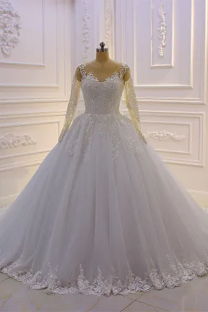 Gorgeous Long A-Line Bateau Pearl Tulle Appliques Lace Wedding Dress with Sleeves