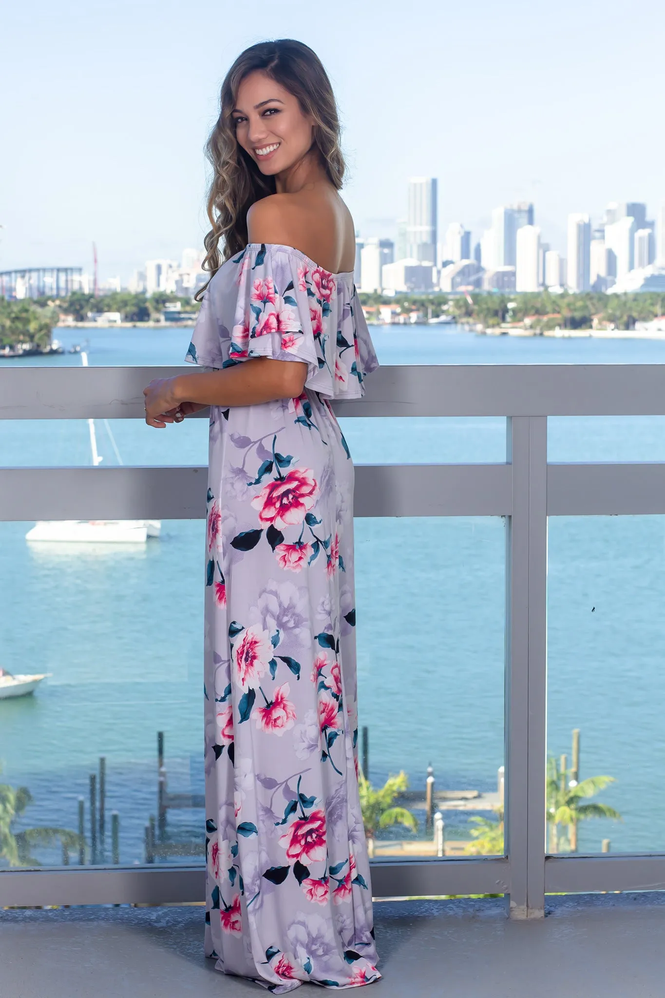 Gray Floral Off Shoulder Maxi Dress