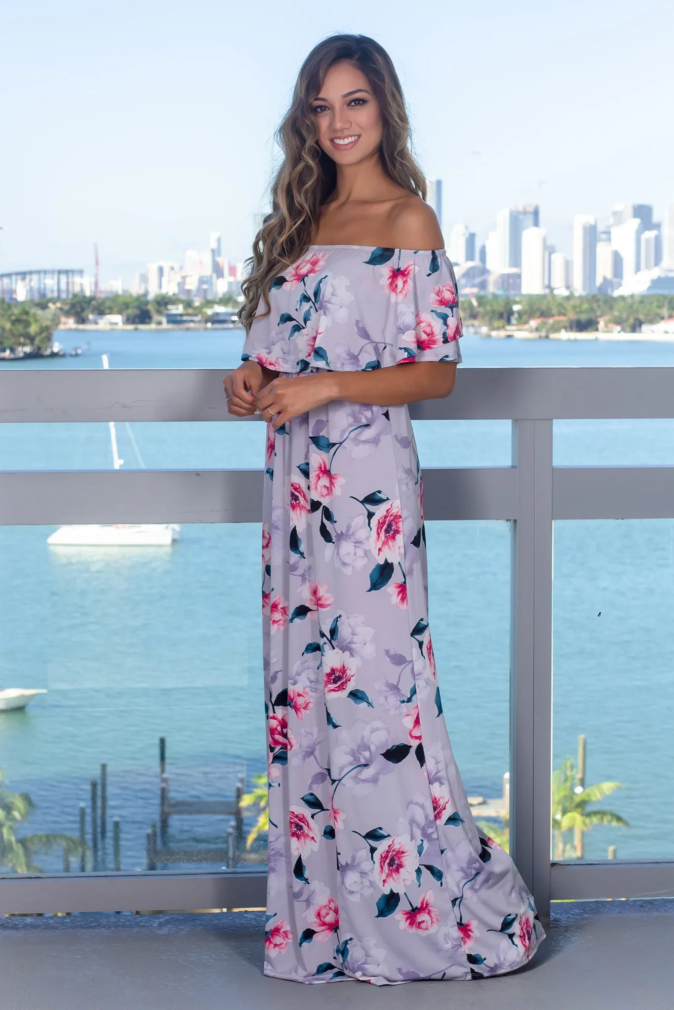 Gray Floral Off Shoulder Maxi Dress