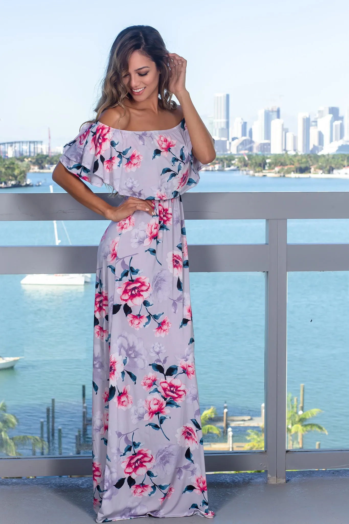 Gray Floral Off Shoulder Maxi Dress