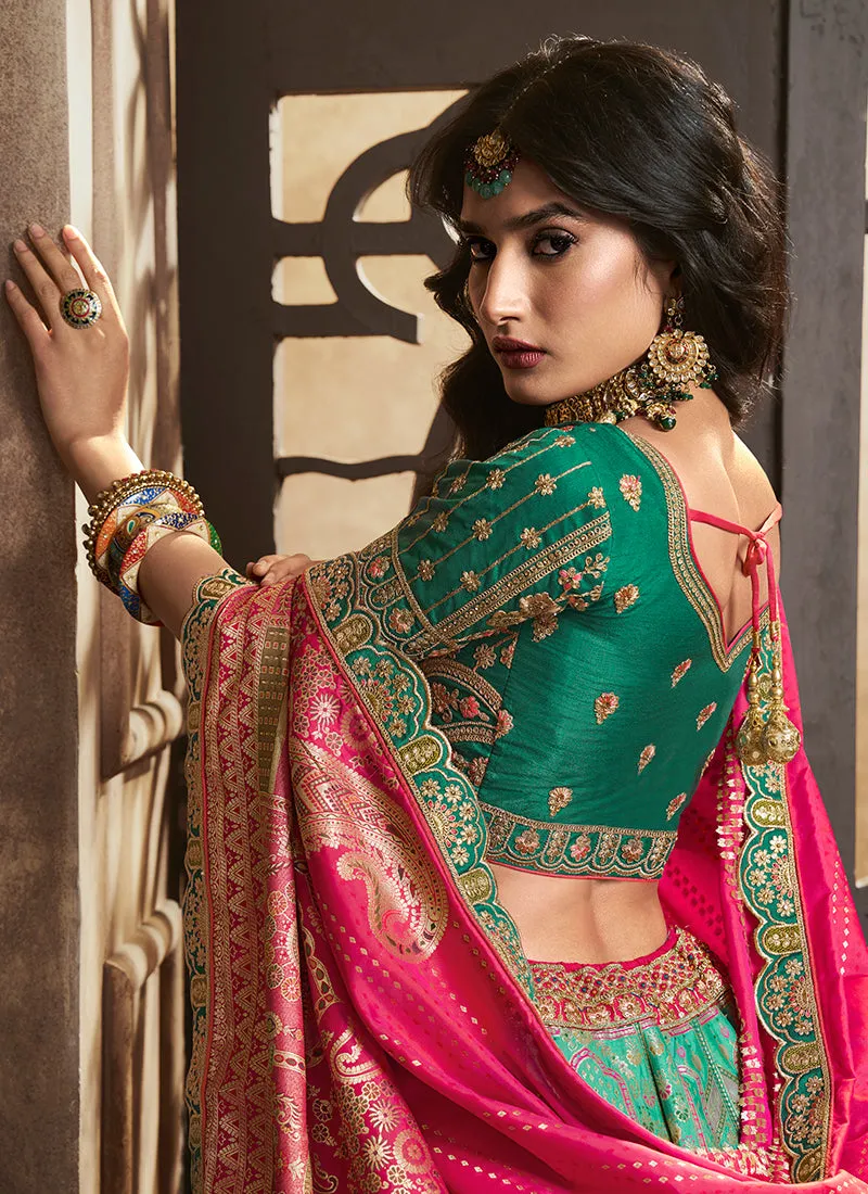 Green And Pink Traditional Embroidered Bridal Lehenga Choli